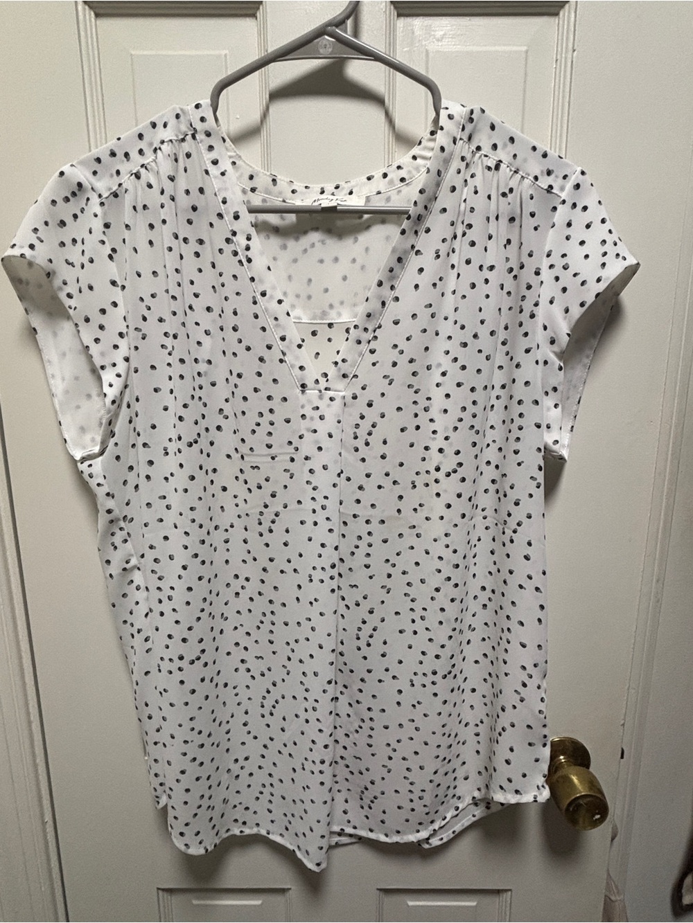 V-Neck White Blouse with Black Dot Print